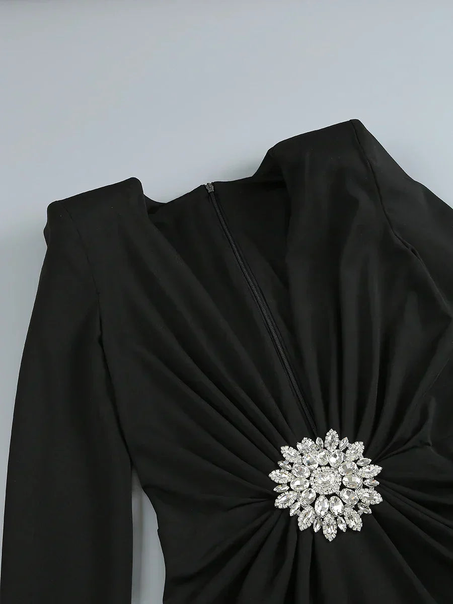 Rhinestone Deep V-Neck Long Sleeve Ruched Waist Column Maxi Gown - View 6