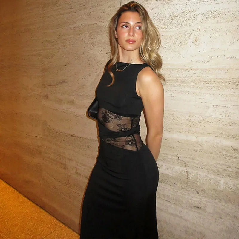 Sheer Lace O Neck Bodycon Long Tank Dress - View 18