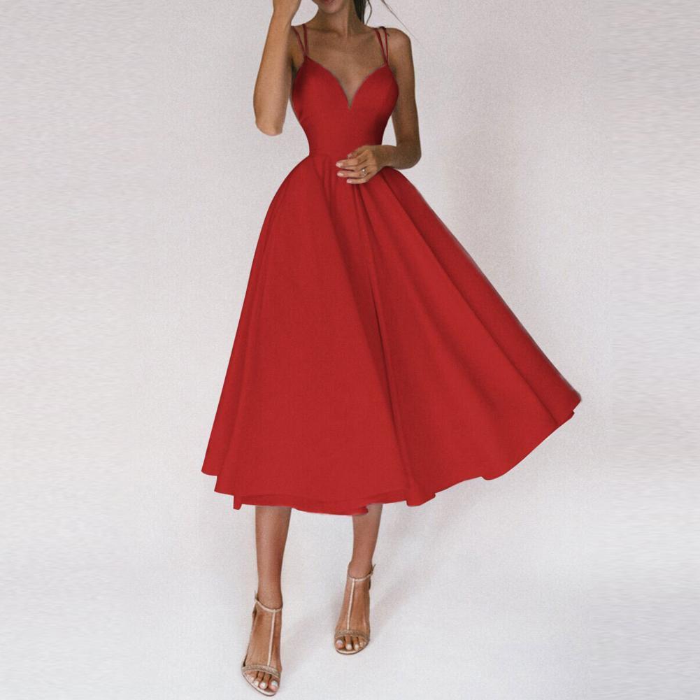 Satin Backless Cross Strap Cinched Waist A-Line Cocktail Midi Dress - View 6