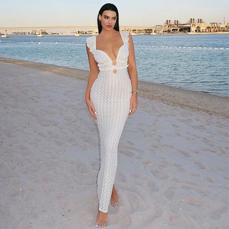 Lace Up Hollow Slim V-neck Maxi Dress - View 3