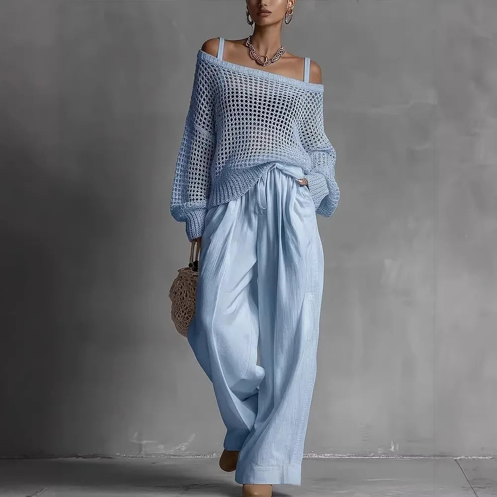 Open Knit Off Shoulder Top and Wide Leg Pants Two Piece Set