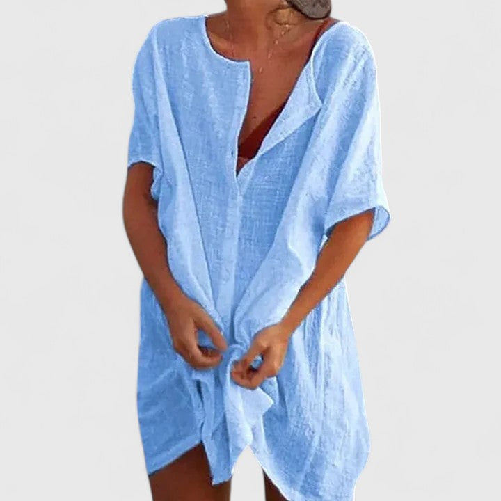 Button Front Short Sleeve Linen Look Shirt Dress 4