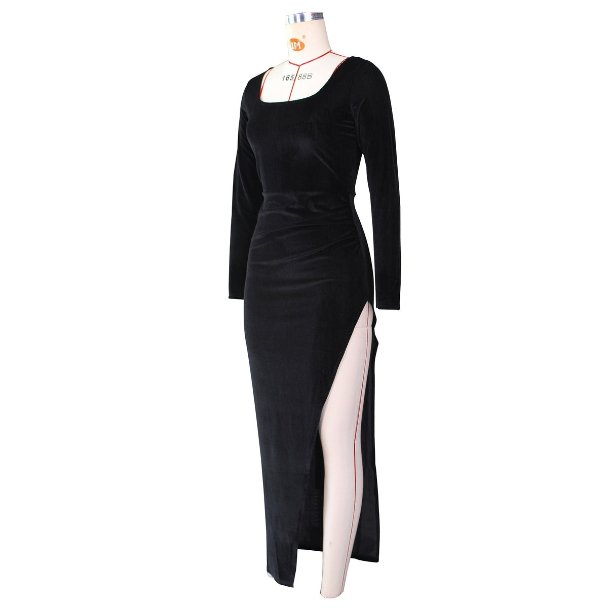 Velvet Square Neck Long Sleeve Ruched High Split Bodycon Maxi Dress 31