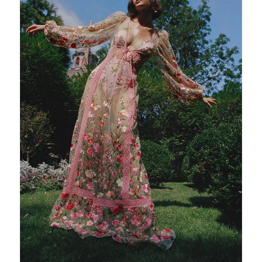 Floral Embroidery Mesh Bishop Sleeve Deep V-Neck Maxi Gown - View 2