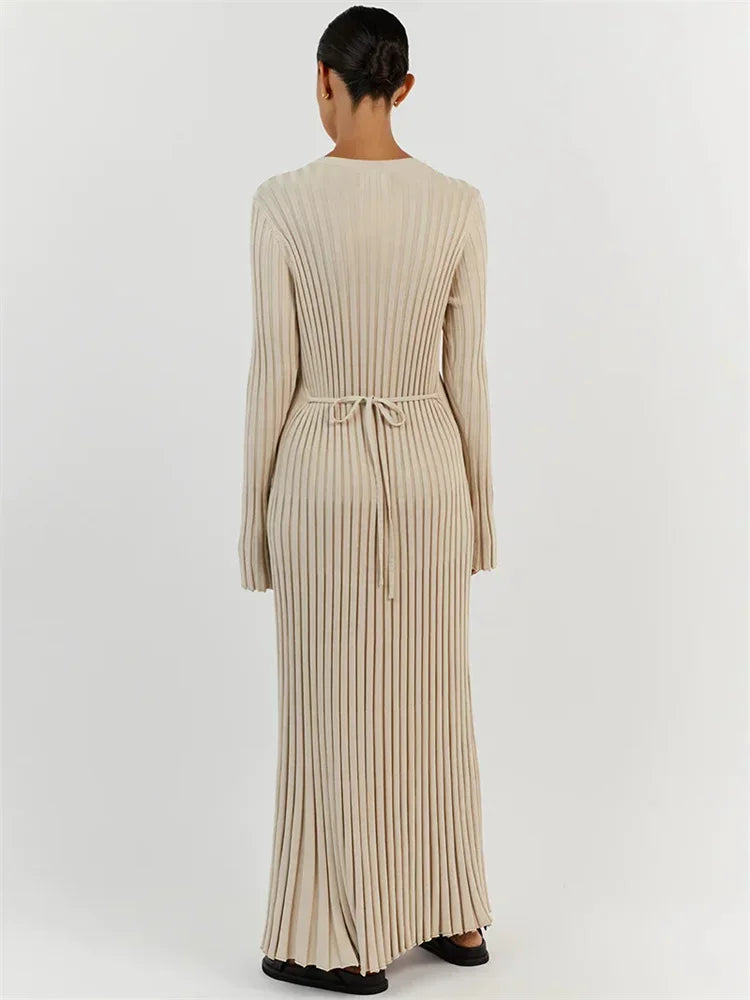 Ribbed Knit Mock Neck Bell Sleeve Bodycon Maxi Dress - View 3