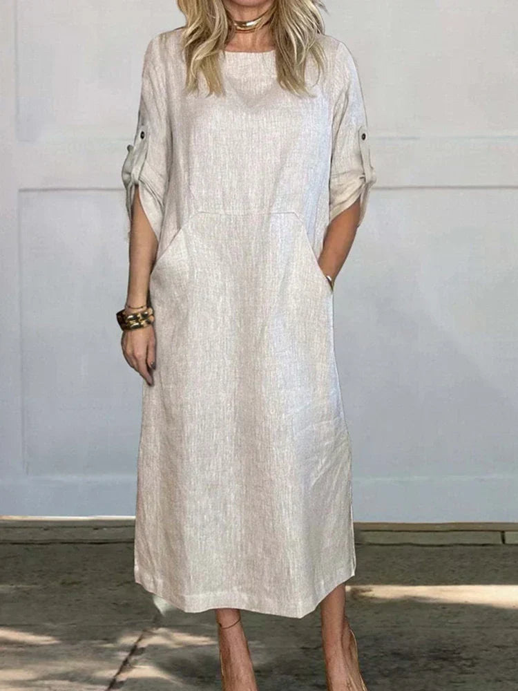 Crew Neck Short Sleeve Rolled Tab Pocket Shift Midi Summer Dress - View 2