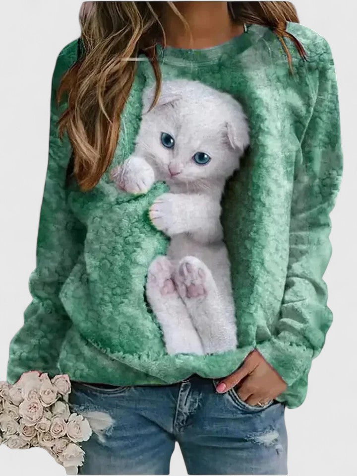 Cat Print Crew Neck Long Sleeve Sweatshirt 3