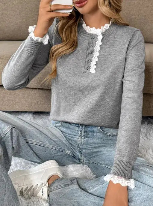Lace Trim Button Placket Crew Neck Sweater 5