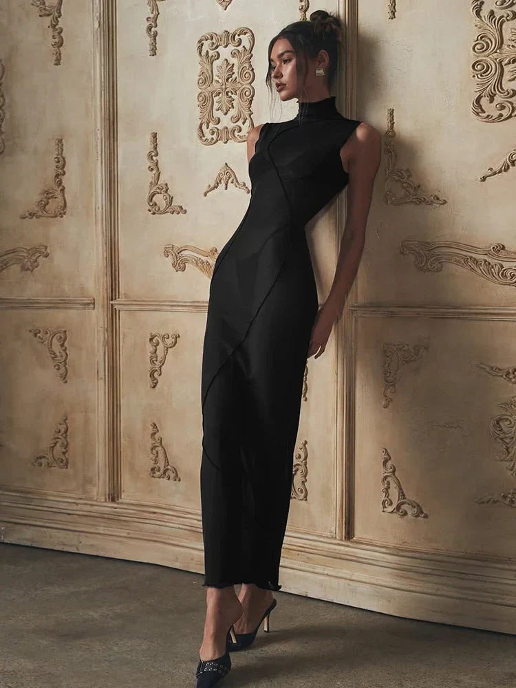 Mesh Sheer Stand Collar Maxi Dress - View 6