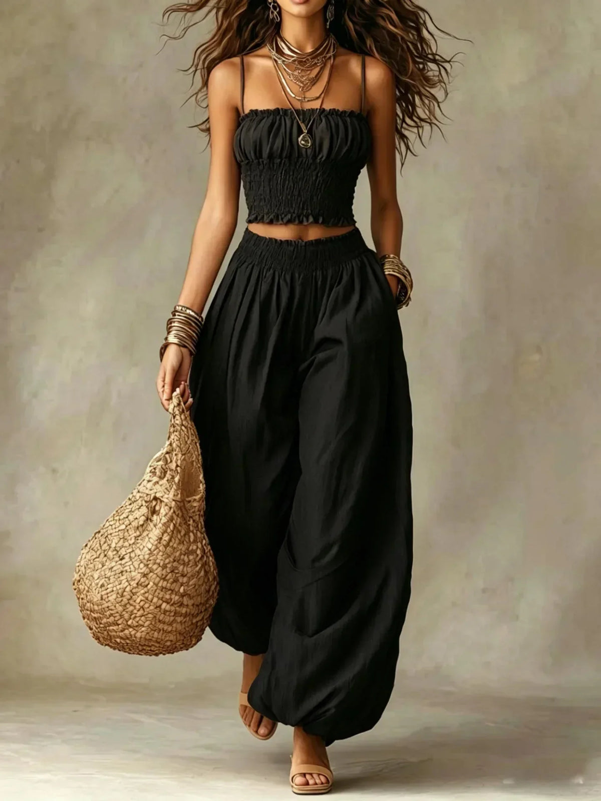 Collared Button Shirt and Wide Leg Pants Two Piece Set 2