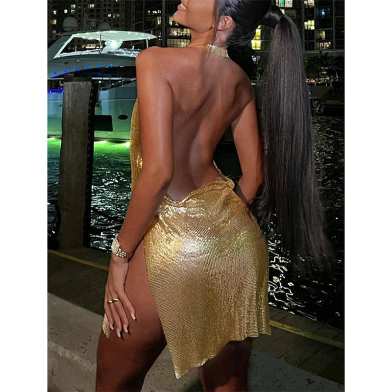 Glitter Halter Cowl Neck Backless Bodycon Mini Dress - View 3