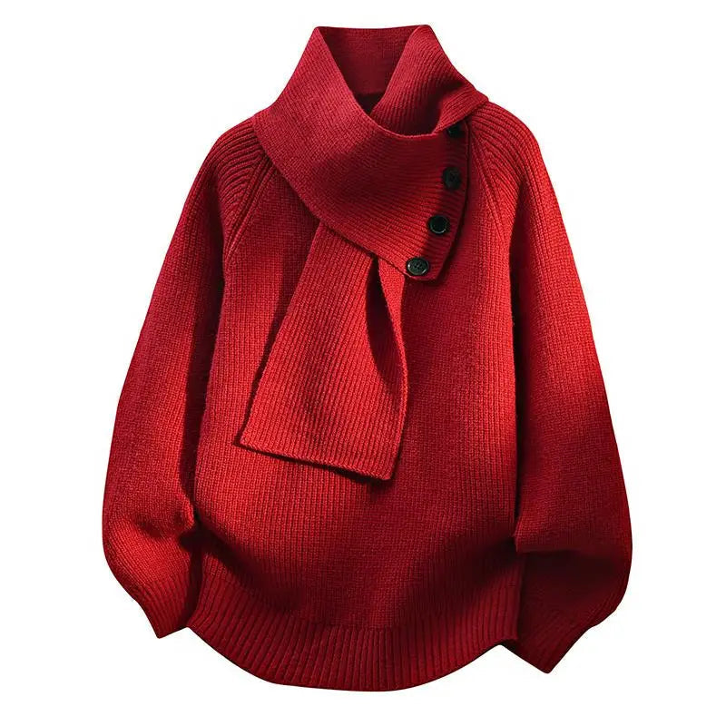 Scarf Neck Ribbed Knit Button Detail Oversized Sweater 3