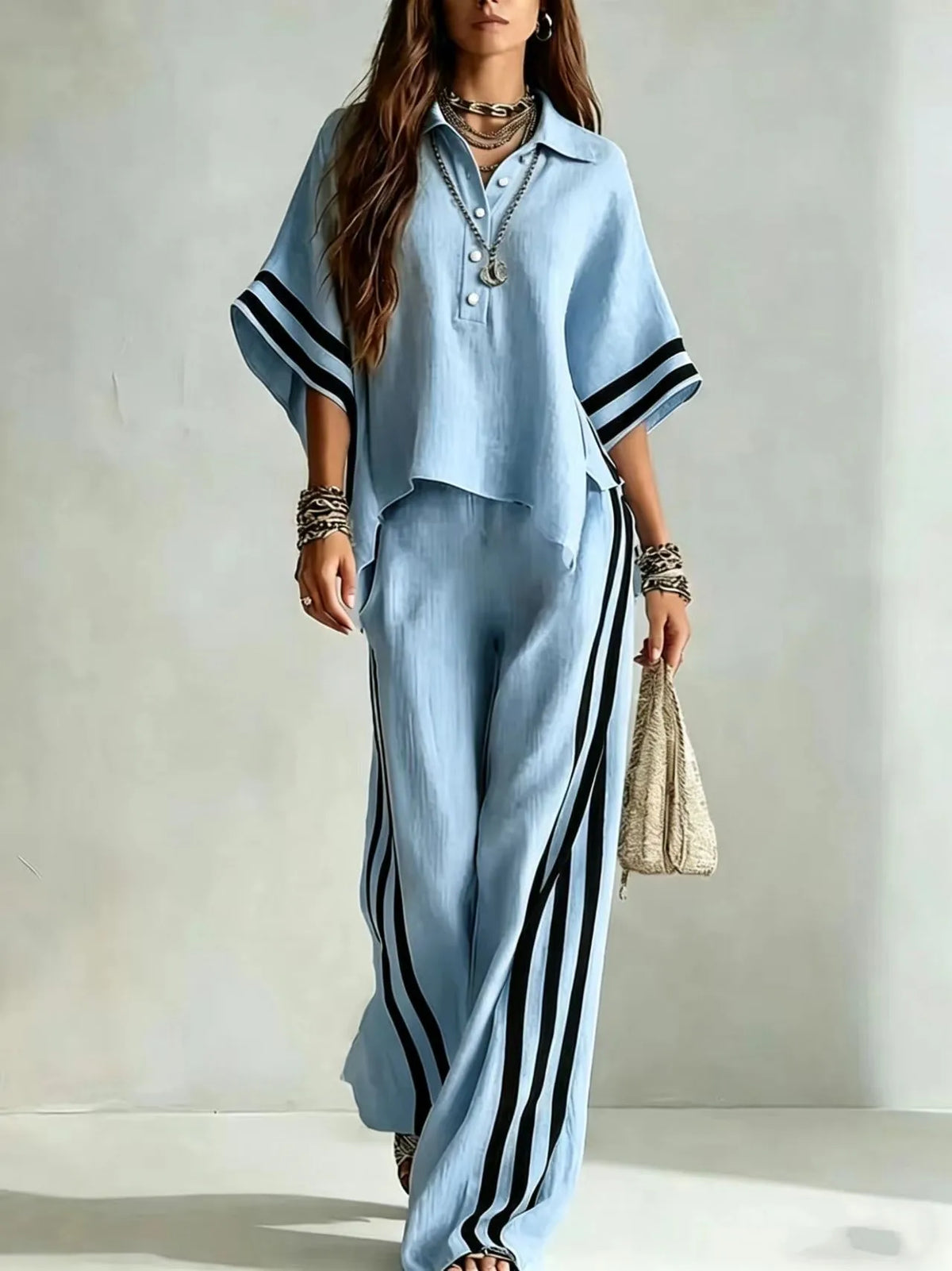 Collared Short Sleeve Top and Side Stripe Wide Leg Pants Two Piece Set 6