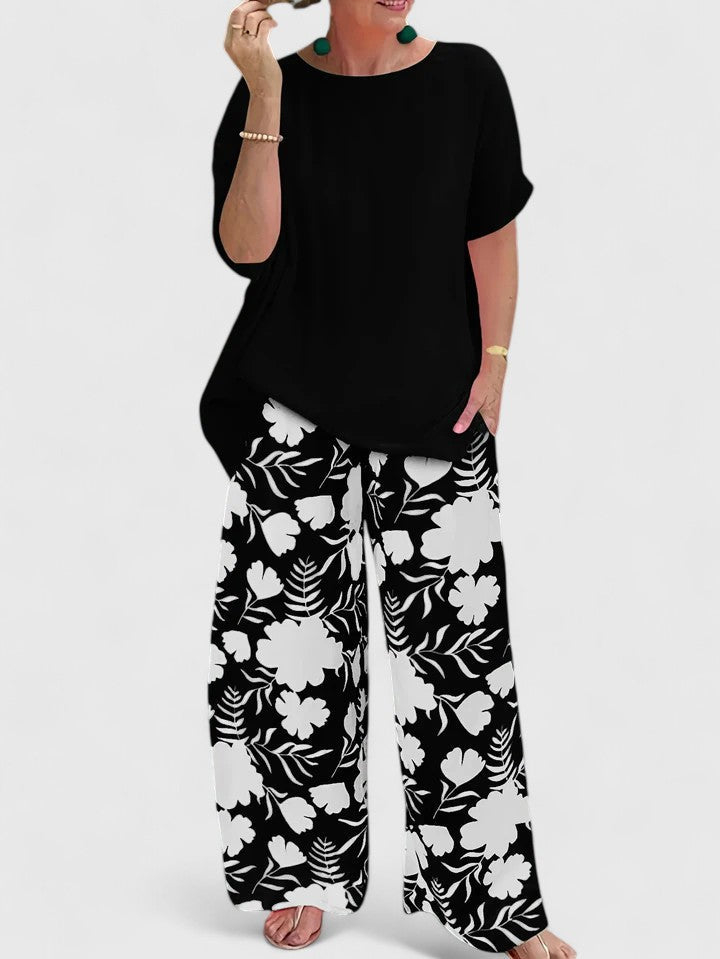 Round Neck Short Sleeve Top and Floral Print Wide Leg Pants Two Piece Set 4