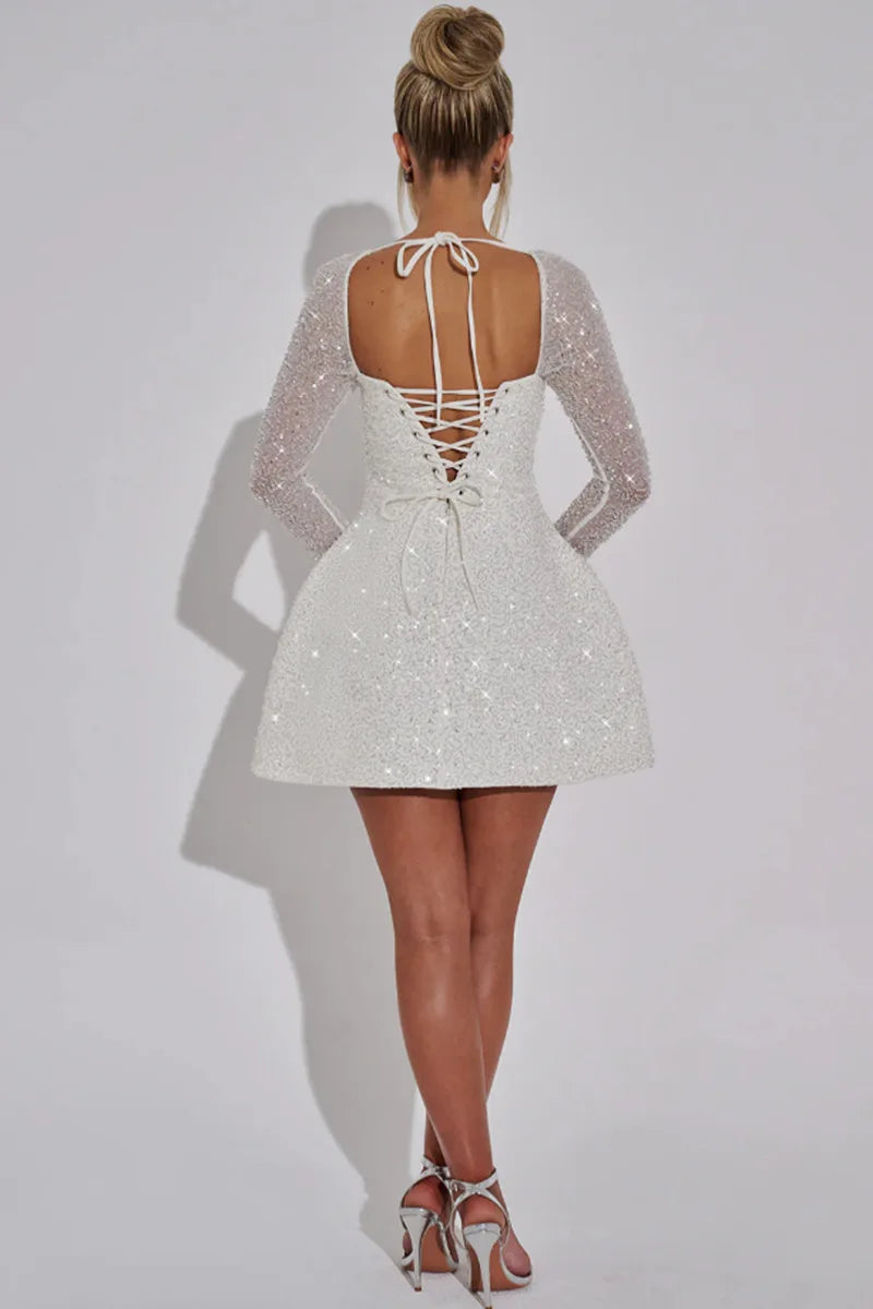 Sequin Square Neck Long Sleeve A-Line Party Mini Dress 9