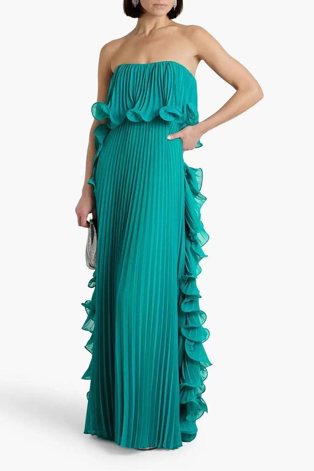 Pleated Chiffon Long Ruffled Strapless Dress - View 8