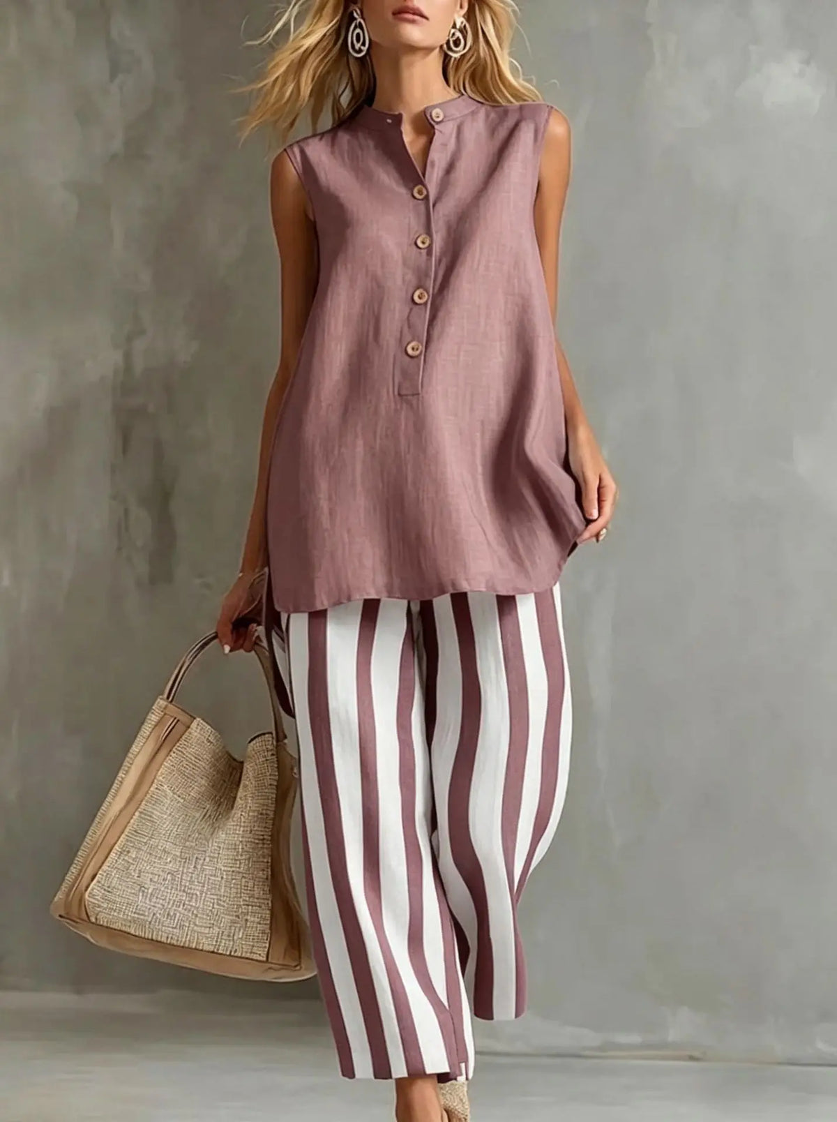 Sleeveless Button Front Tunic and Striped Wide Leg Pants Two Piece Set 4