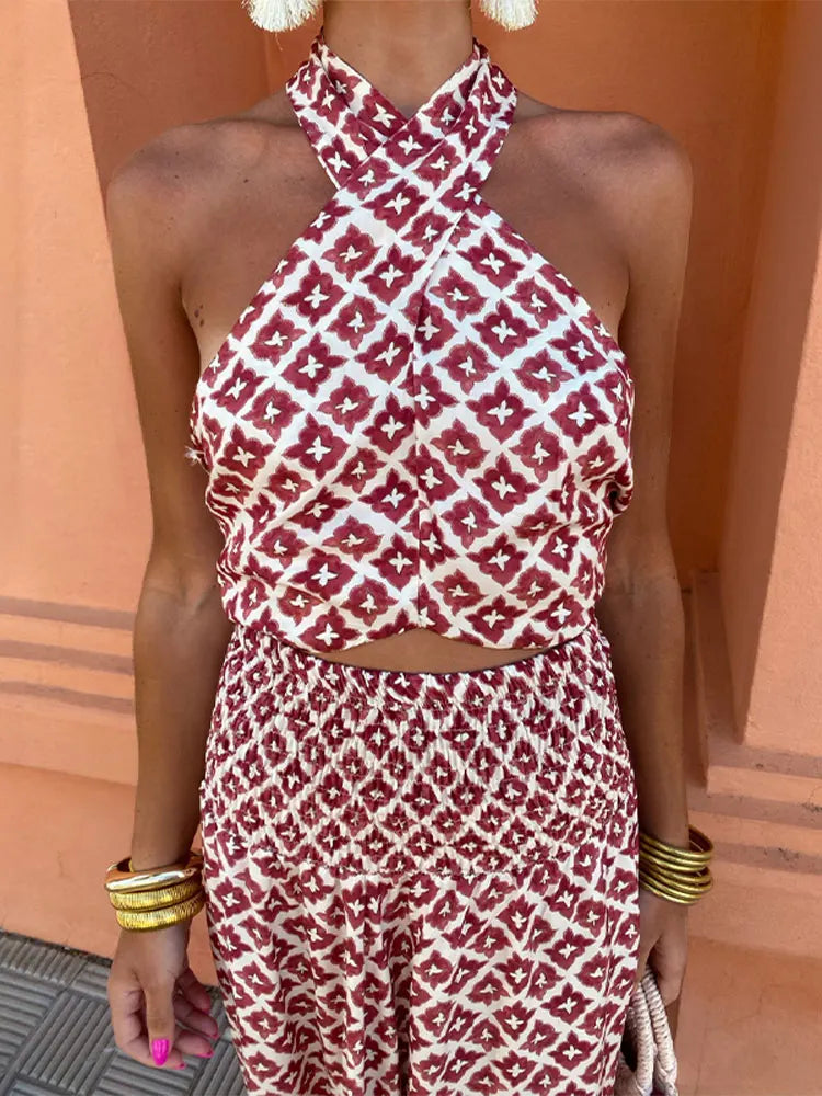 Geometric Print Halter Neck Cross Front Cut Out Tiered Maxi Dress 2