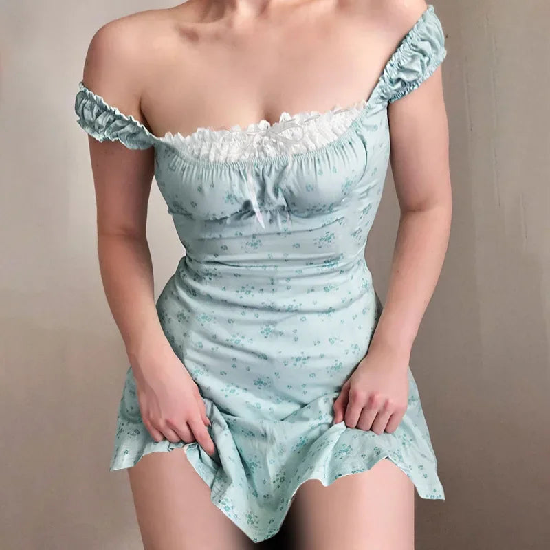Floral Off Shoulder Puff Sleeve Lace Trim Ruffle Hem Mini Dress