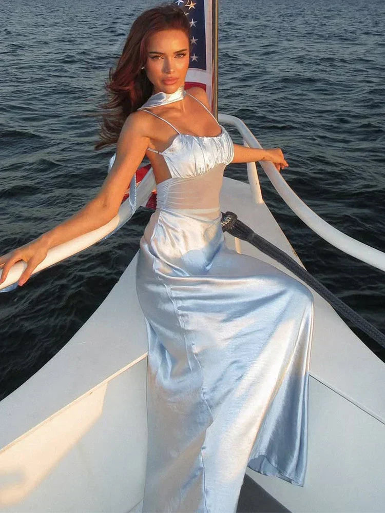 Satin Mesh Ruffle Sleeveless Backless Beach Maxi Dress - View 3