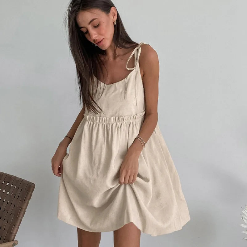 Tie Strap Scoop Neck Gathered Empire Waist Flared Babydoll Mini Dress - View 3