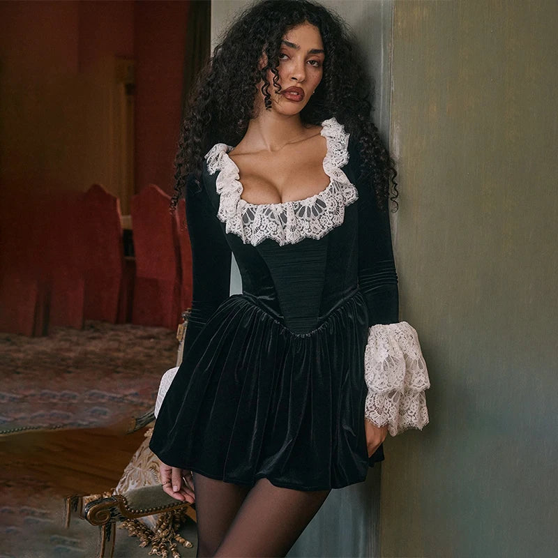 Velvet Lace Patchwork Wrap Mini Dress