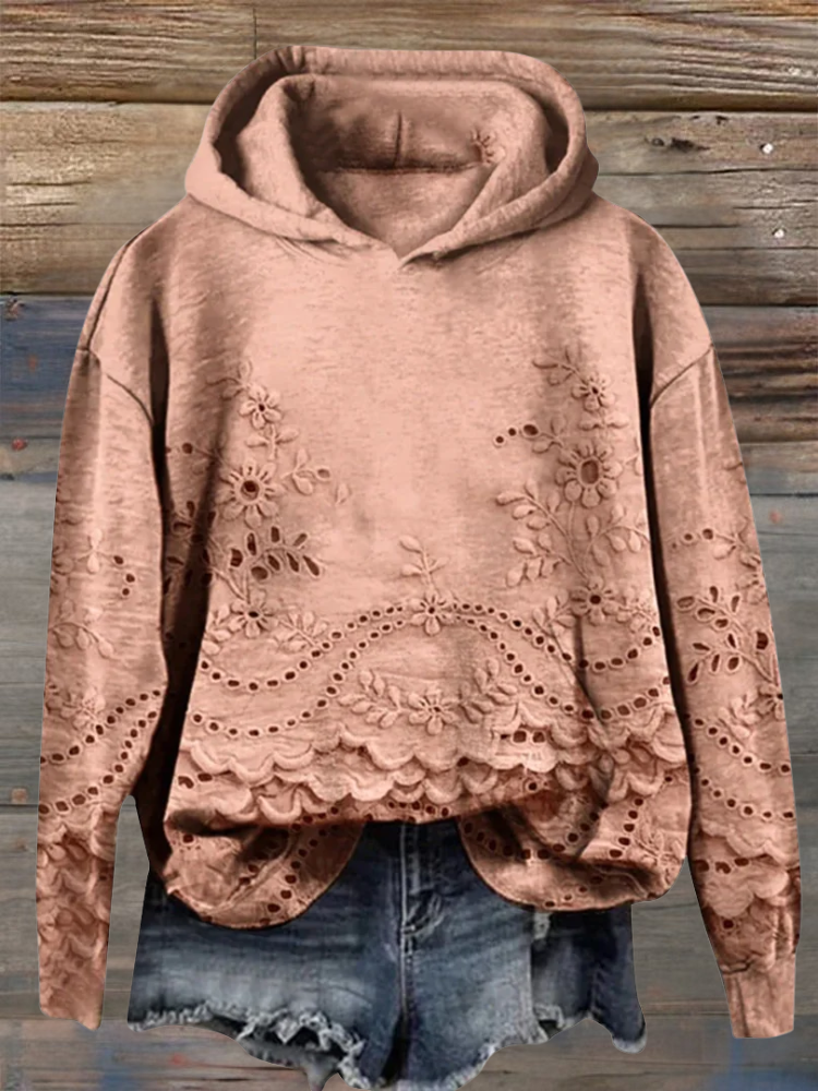 Eyelet Lace Floral Scalloped Hem Long Sleeve Hoodie 6