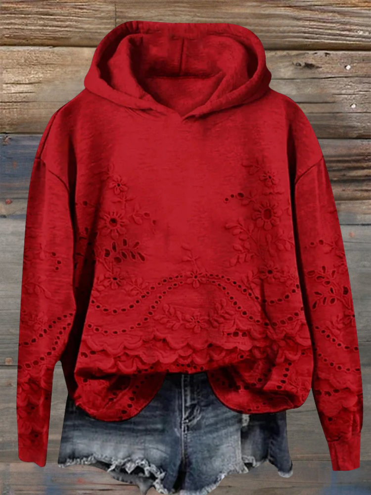 Eyelet Lace Floral Scalloped Hem Long Sleeve Hoodie 7