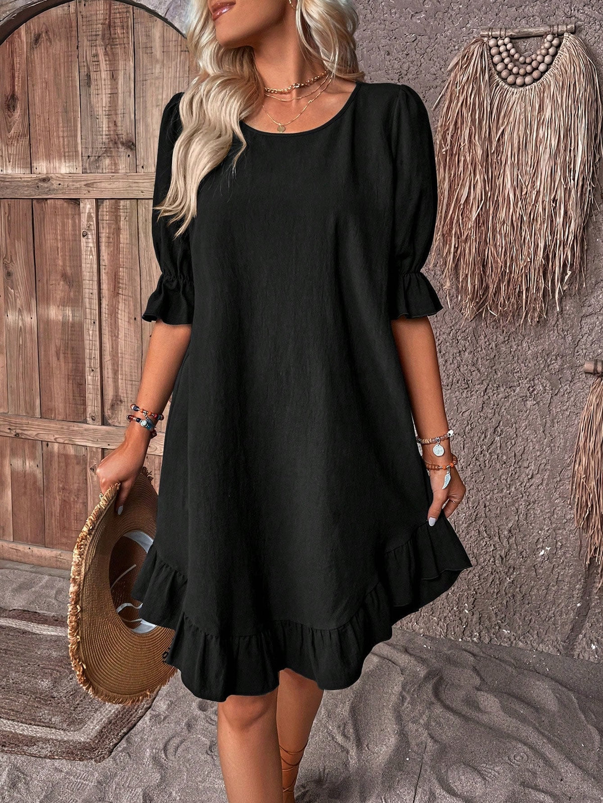 Round Neck Puff Sleeve Ruffle Hem Shift Dress 4