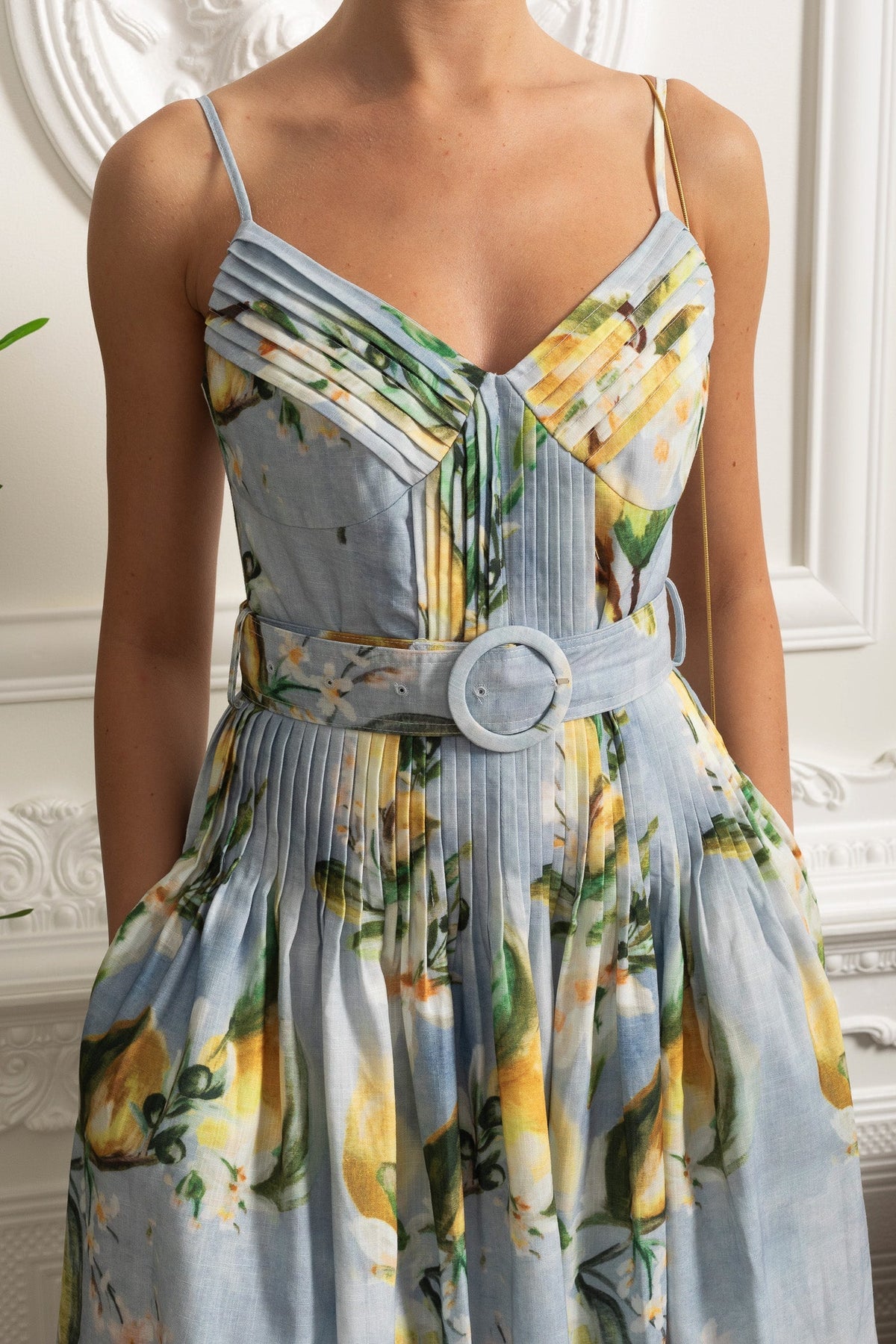 Lemon Print V-Neck Spaghetti Strap Pintuck Belted Pocket Midi Dress - View 5