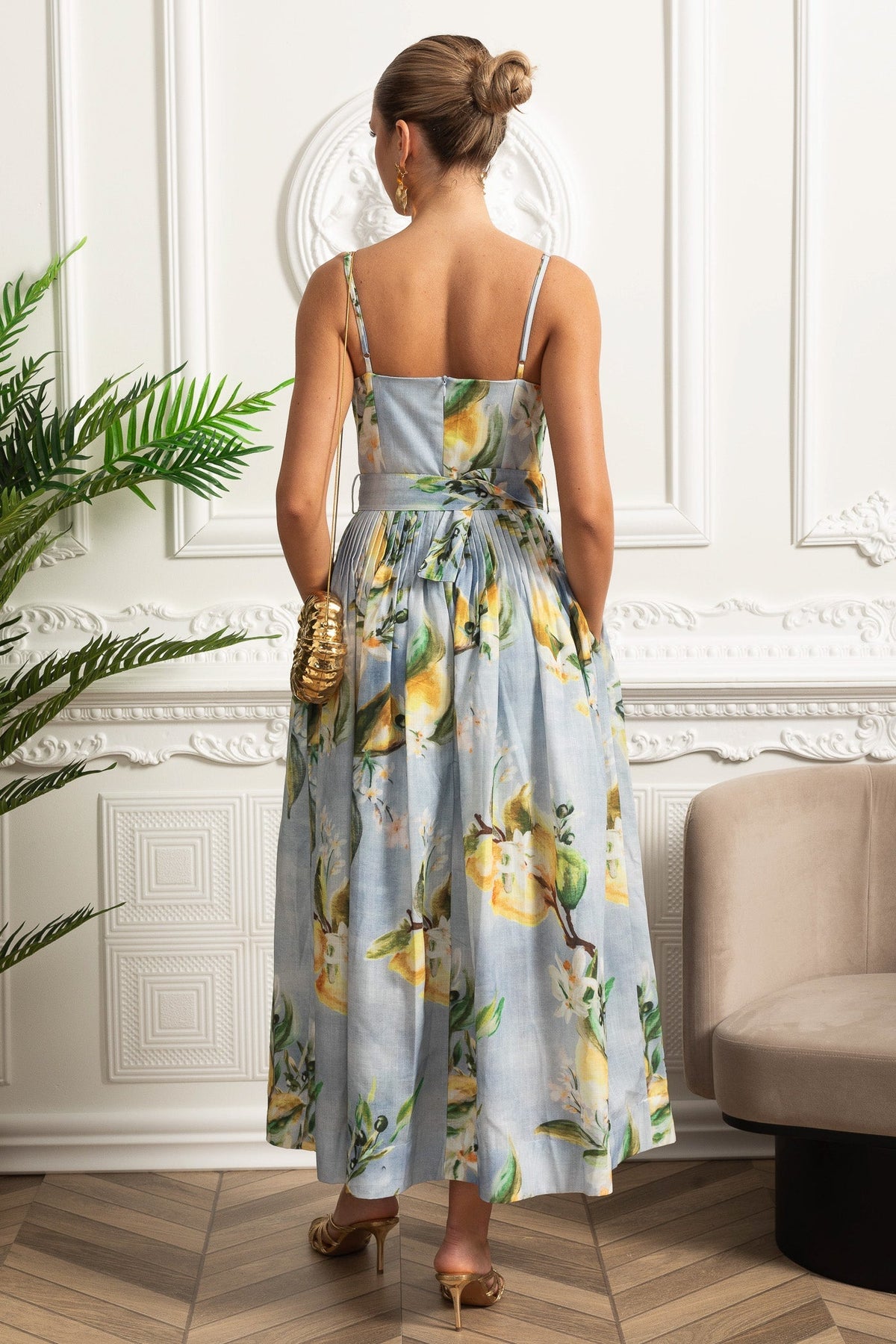 Lemon Print V-Neck Spaghetti Strap Pintuck Belted Pocket Midi Dress - View 11