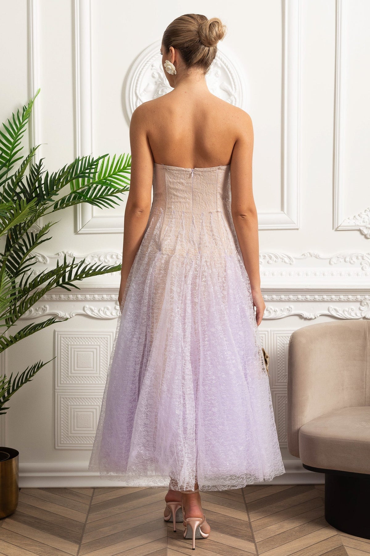 Strapless A-Line Midi Dress - Lilac Gradient - View 9