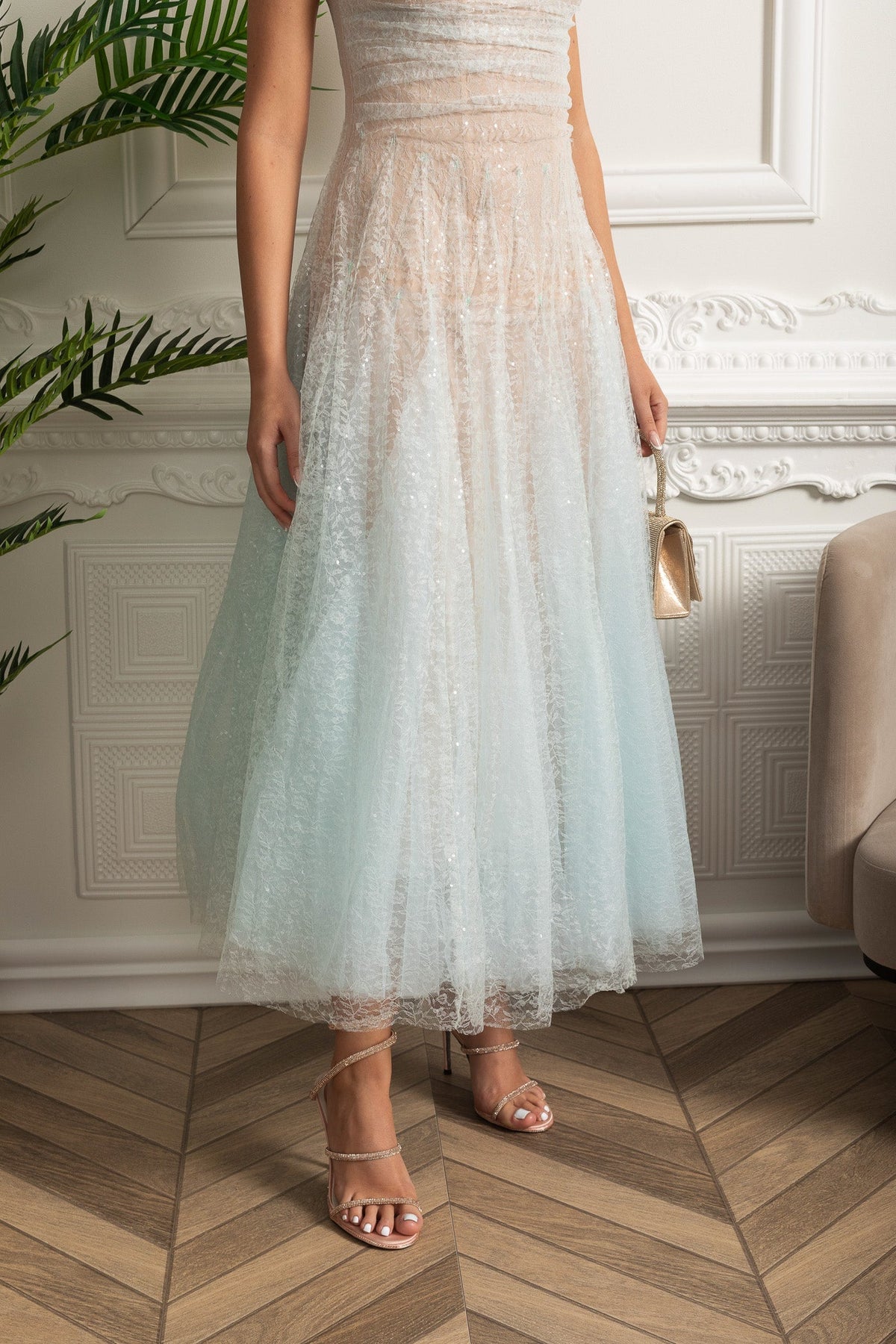 Strapless A-Line Midi Dress - Turquoise Gradient - View 6