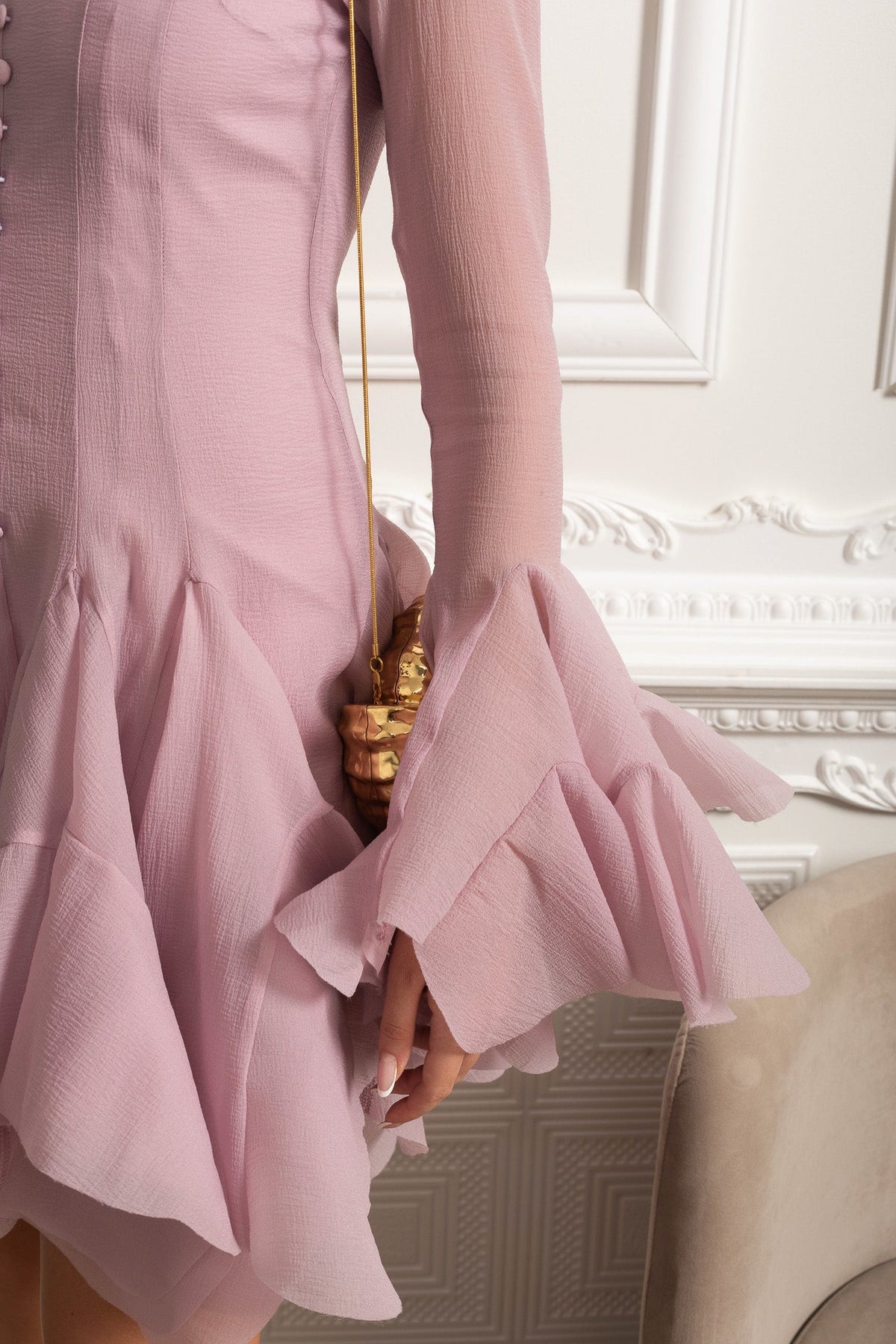 Sheer Sleeve Corset-Waist Ruffle Hem Mini Dress - Pink - View 4
