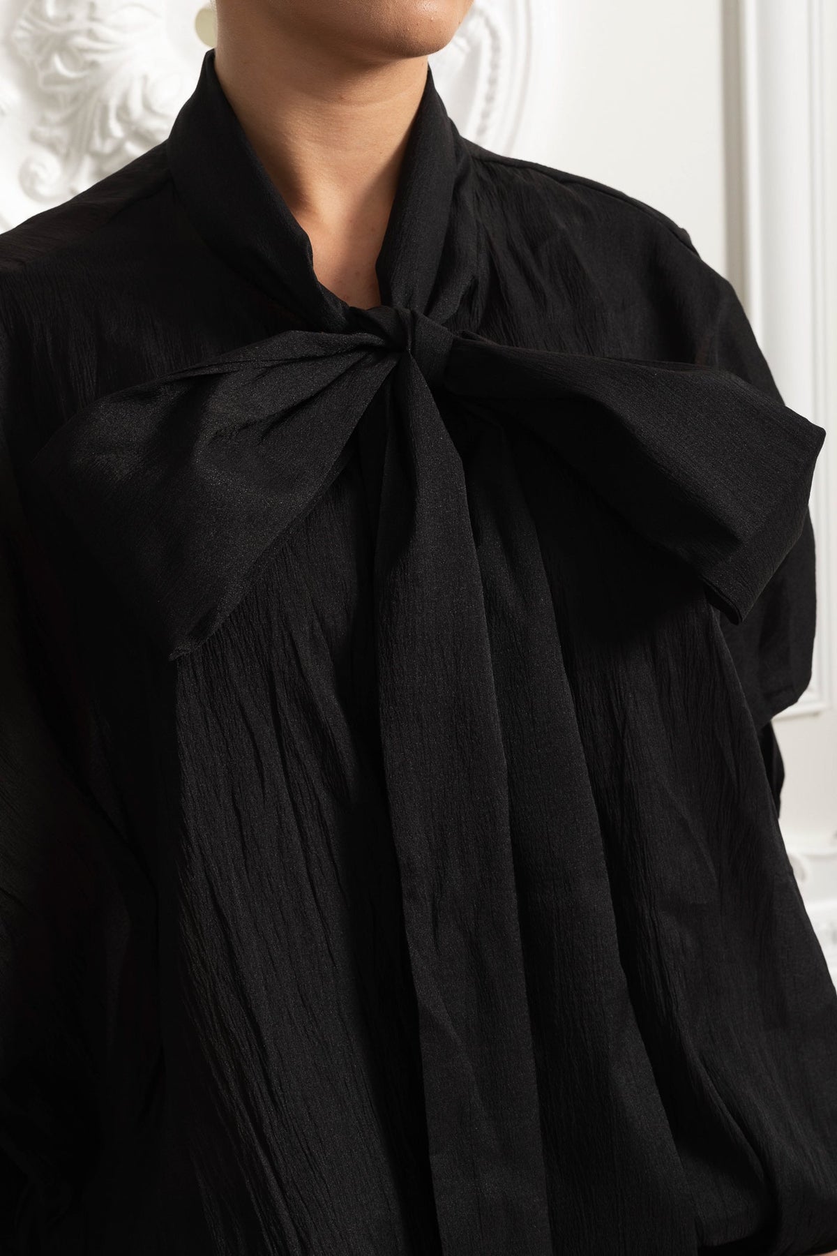 Sheer Bow-Neck Ruffle Mini Dress - Black - View 5