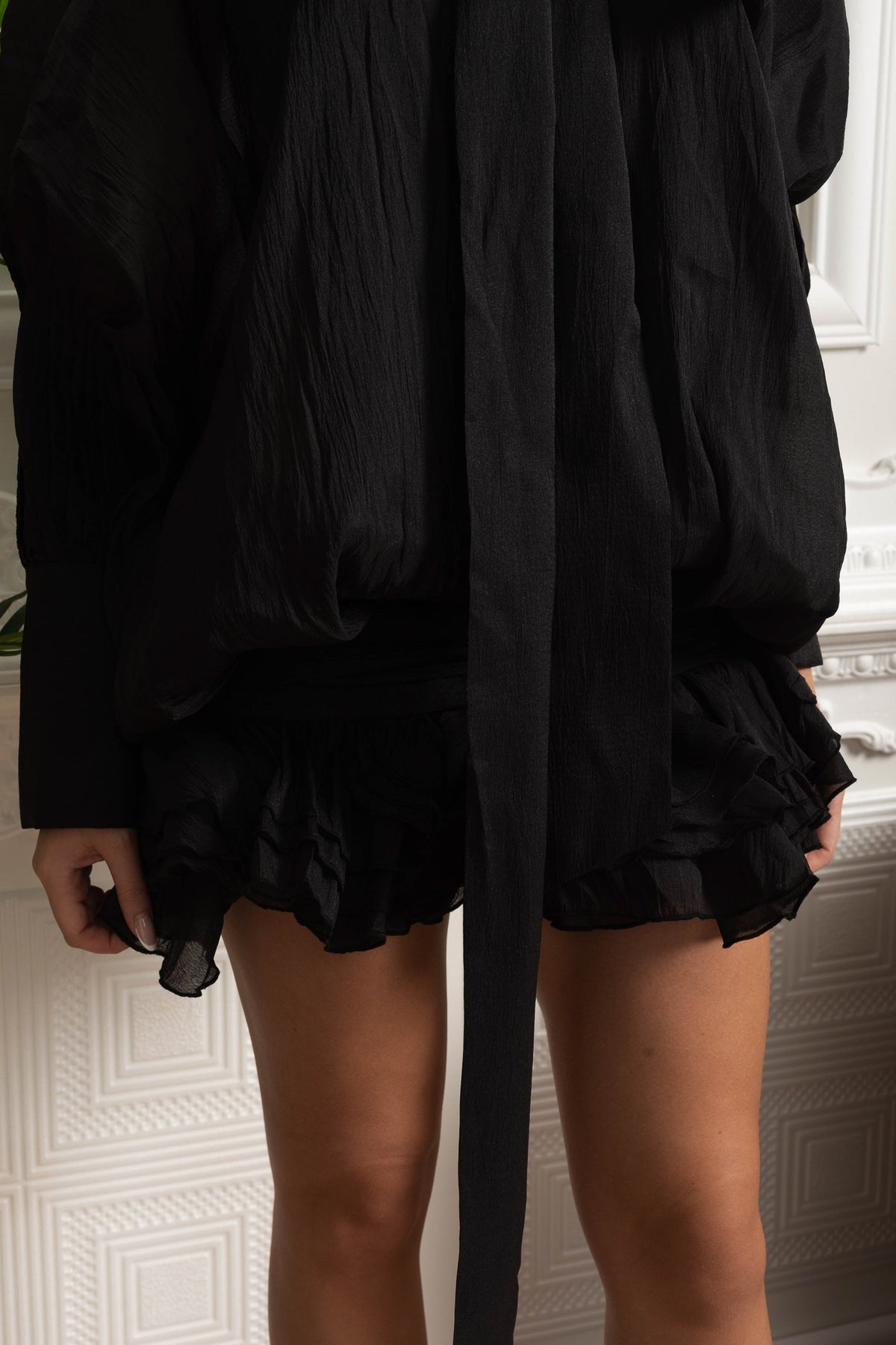 Sheer Bow-Neck Ruffle Mini Dress - Black - View 6