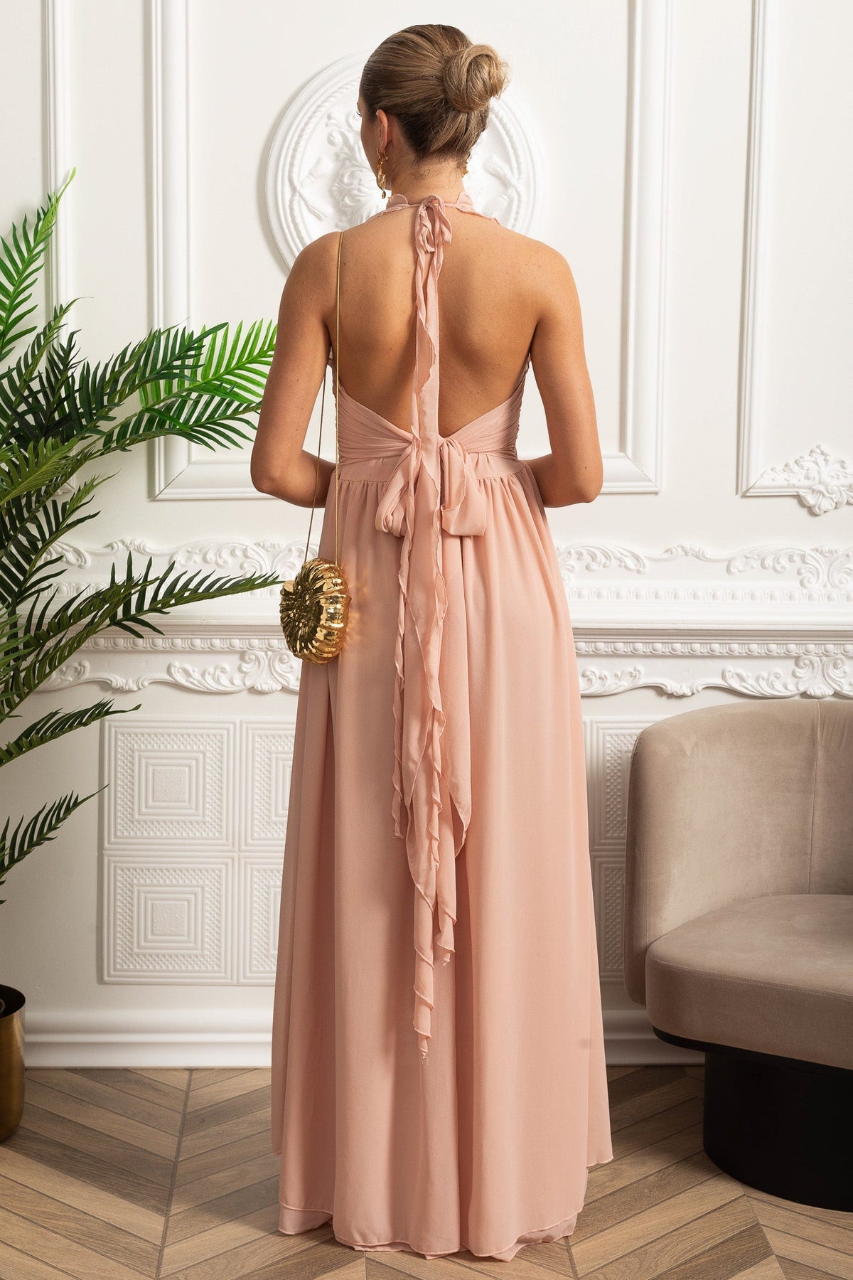 Ruffled Halter Maxi Dress with Rosette Tie Detail - Pink - View 4