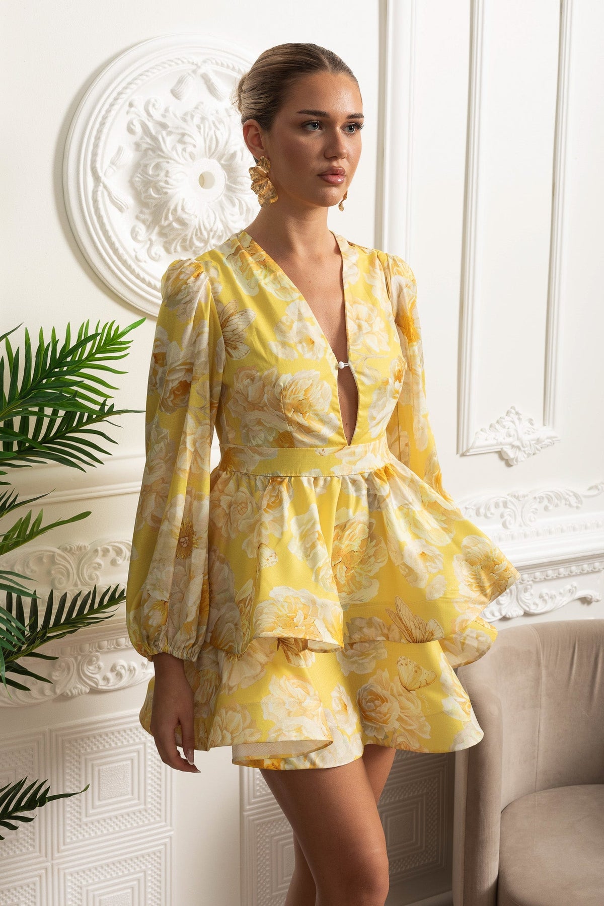 Floral Romantic Mini Dress - Yellow - View 5