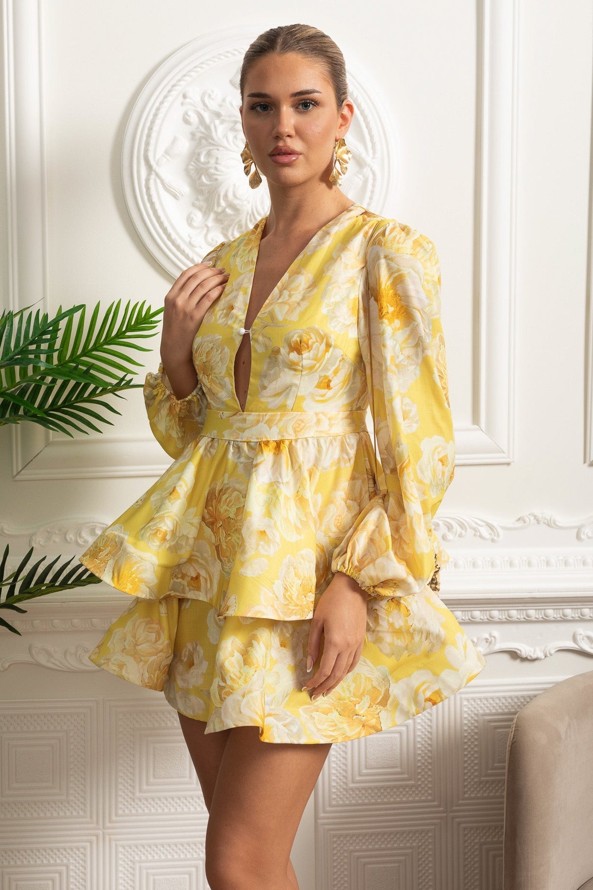 Floral Romantic Mini Dress - Yellow - View 6