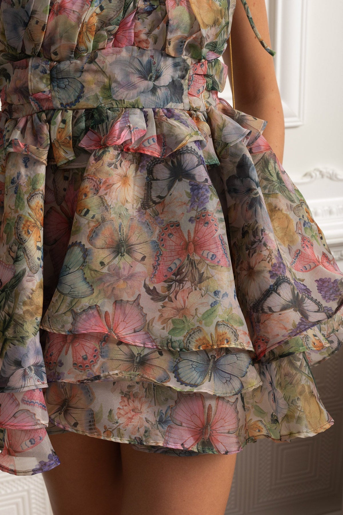 Printed Ruffled Mini Dress with Corset Back - Multicolor/Butterfly - View 7