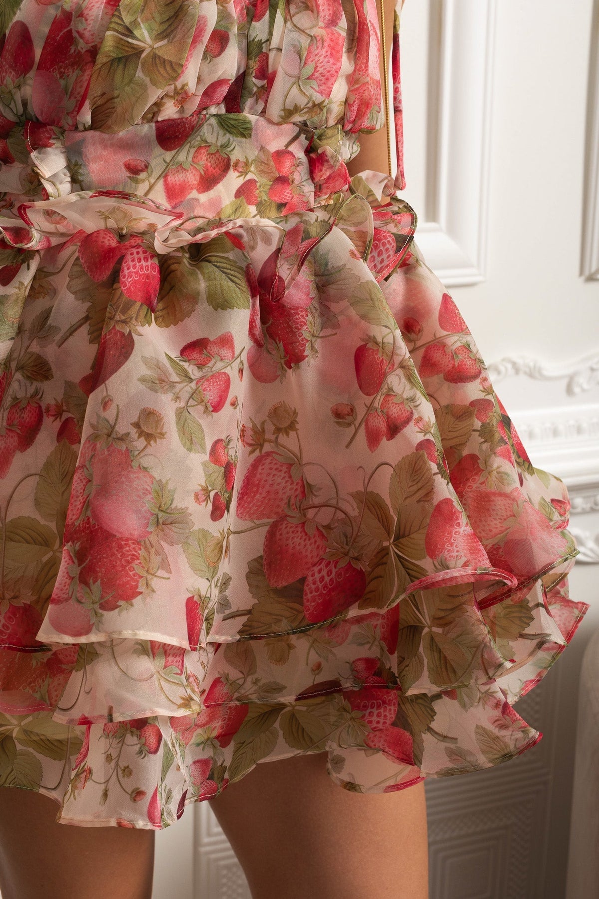 Printed Ruffled Mini Dress with Corset Back - Strawberry - View 4