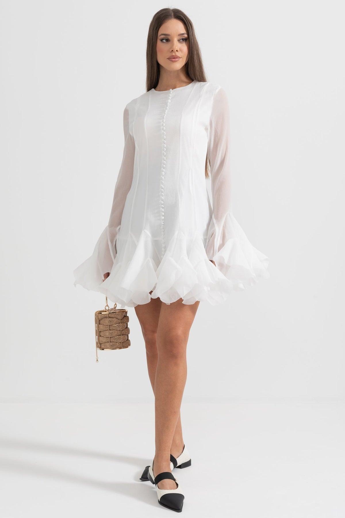 Long Sleeve Button Front Ruffle Cuff Tiered Flounce Mini Dress - View 5
