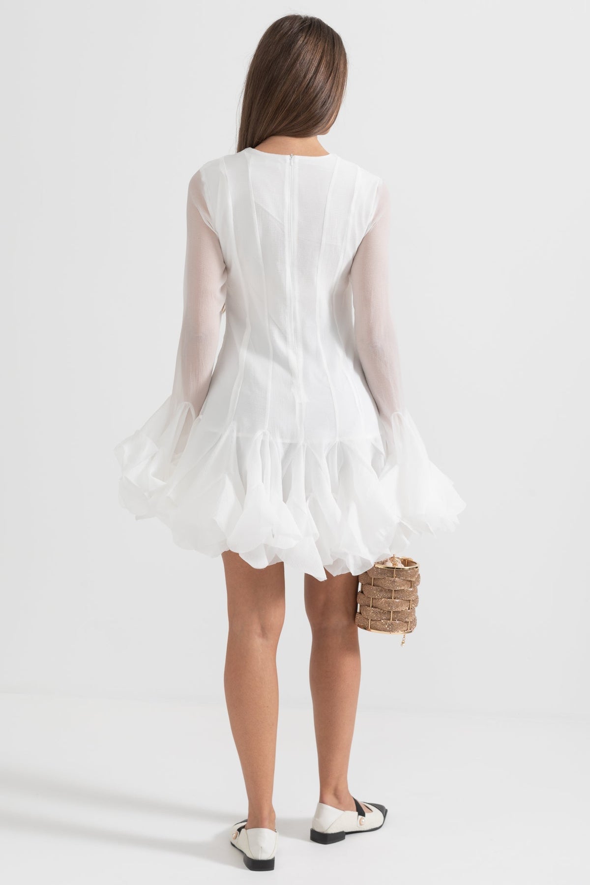 Long Sleeve Button Front Ruffle Cuff Tiered Flounce Mini Dress - View 2