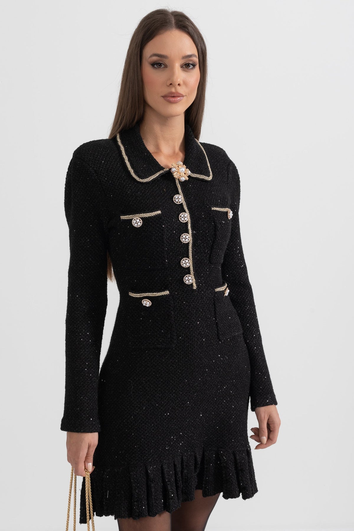 Tweed Pearl Collar Metallic Button Patch Pocket Mini Dress - View 6