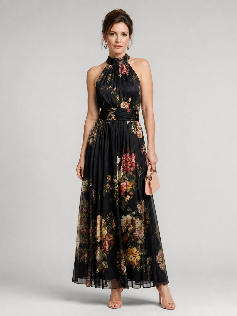 Floral Print Halter Neck Ruched Waist Maxi Dress