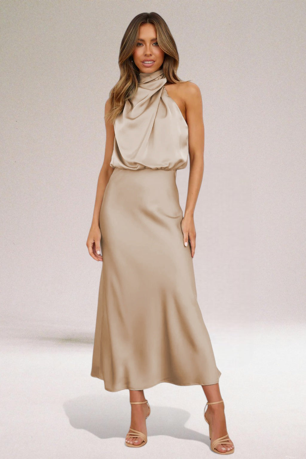 Halter Neck Draped Sleeveless Satin Maxi Dress 7
