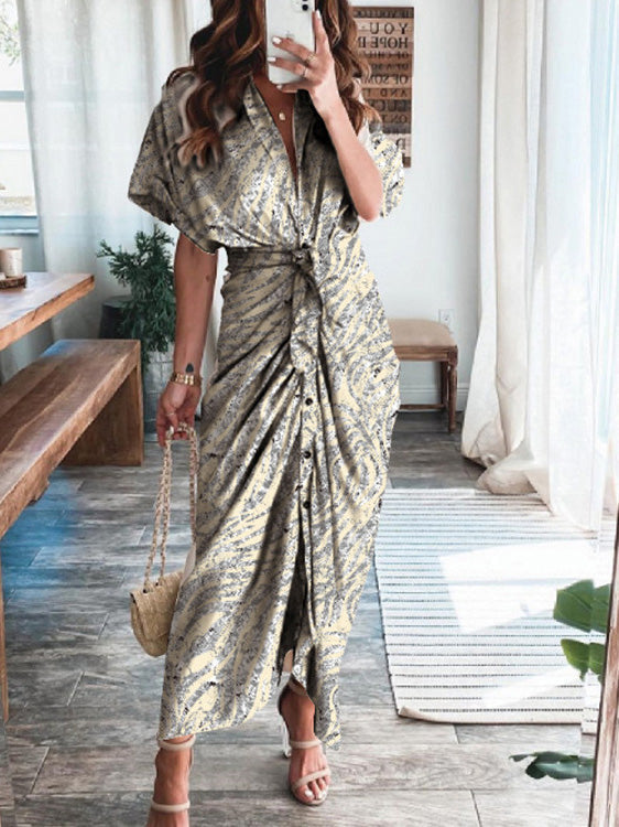 Abstract Print Deep V-Neck Short Sleeve Tie Waist Maxi Dress - View 2