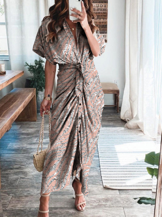 Abstract Print Deep V-Neck Short Sleeve Tie Waist Maxi Dress - View 3