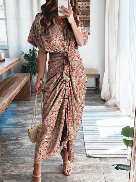 Abstract Print Deep V-Neck Short Sleeve Tie Waist Maxi Dress - View 5