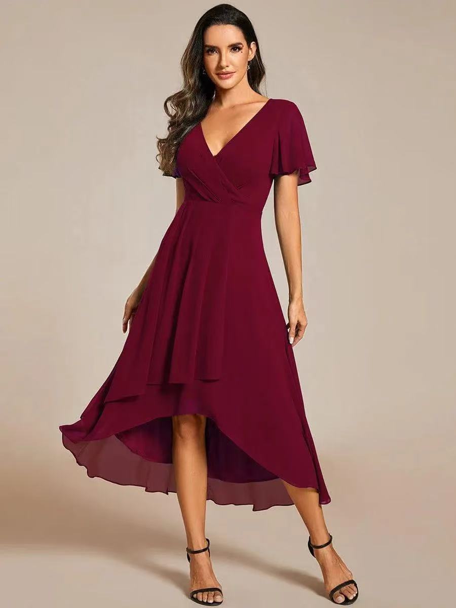 V-Neck Flutter Sleeve Chiffon High Low Midi Dress Wedding Guest